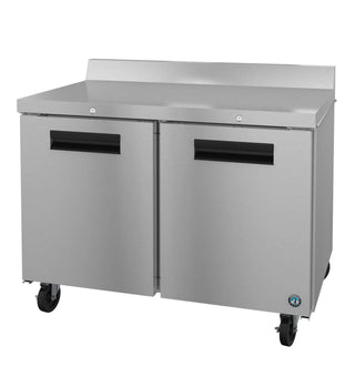 Hoshizaki WF48B-01 two-section worktop freezer with two locking stainless doors and backsplash, angled front view