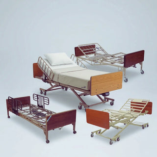 Set of hospital beds with different configurations on a light gray background