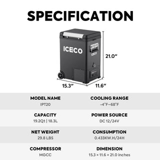 ICECO IPT20 11.6" Pickup Truck 12 Volt Freezer, 18.3 LT, -20°C to +20°C