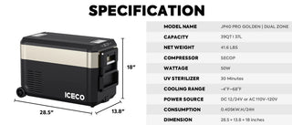 ICECO JP40 28.5" Pro Dual Zone Wheeled Portable Freezer With Cover, 40 LT (39 Qt), -20°C to +20°C