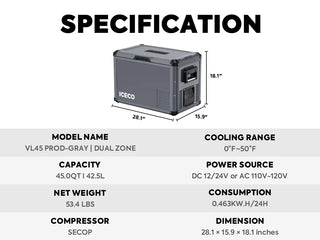 ICECO VL45ProD Dual Zone Portable Gray Freezer, 43L (45 Qt), -18°C to +10°C