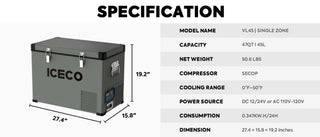ICECO VL45 27.4" Portable Single Zone Freezer, 45 LT (47 Qt), -18°C to +10°C