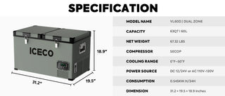ICECO VL60 31.2" Dual Zone Metal Fridge and Freezer with Cover, 60LT (63 Qt), -18°C to 10°C