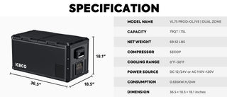 ICECO VL75ProD 36.5" 12V Heavy Duty Fridge and Freezer, Advanced Dual-Zone Functionality, 75 LT, -20°C to +10°C