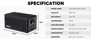 ICECO VL90ProD 38.3" Dual Zone Portable Freezer, 90 LT (95 Qt), -18°C to +10°C