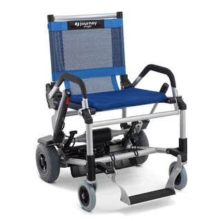 Journey Zinger 08300 folding power chair shown from the side with its mesh seat and dual control levers.