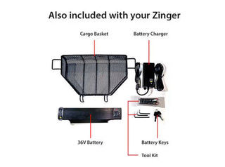 Accessories included with the Journey Zinger 08300: cargo basket, battery, charger, keys and tool kit.