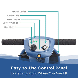 Close-up of the Journey So Lite 08474 tiller panel, labelling the throttle lever, speed dial, horn, battery gauge and key slot.