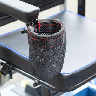 A black mesh drink holder clipped to the armrest of a Journey So Lite 08474 scooter.