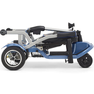 The Journey So Lite 08474 scooter fully folded and standing upright in blue and silver.