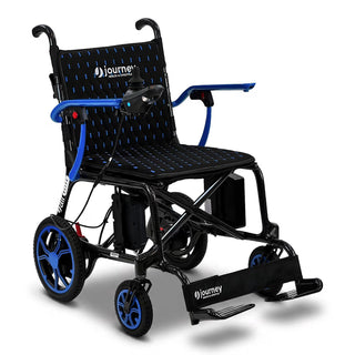 Blue Journey Air Elite 08642 power chair seen from the side with the joystick on the right armrest