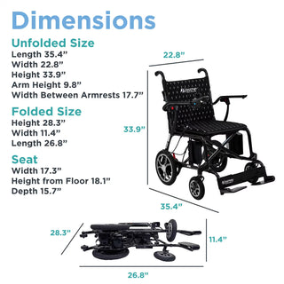 Measurement chart showing folded and unfolded dimensions of the Journey Air Elite 08642 power chair