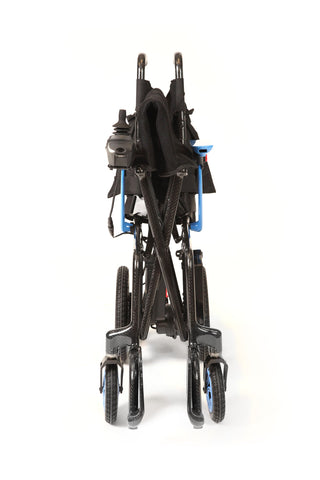 Journey Air Elite 08642 power chair folded upright for transport and storage
