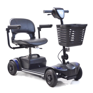 Journey Adventure 08910 four-wheel mobility scooter in blue, with a cushioned seat, tiller controls and front basket.