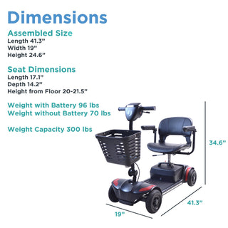 Measurement chart for the Journey Adventure 08910 scooter listing overall dimensions alongside seat and weight details.