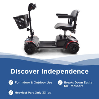 Journey Adventure 08910 scooter on a white background with callouts for indoor and outdoor use, easy transport, simple breakdown and the weight of its heaviest part.