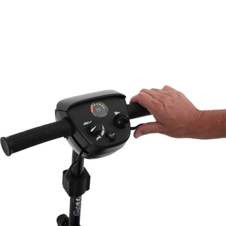 Close-up of the tiller and speed controls on the Journey Adventure 08910 scooter.