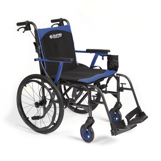 Journey So Lite C2 08970 wheelchair with blue trim, showing the large rear wheels, flip-back armrests and side pouch.