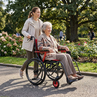 A young woman pushing an older woman in a Journey So Lite C2 08970 wheelchair along a sunny park path.