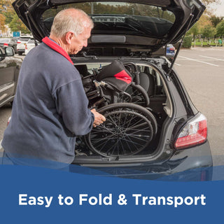 A man lifting a folded Journey So Lite C2 08970 wheelchair into a car trunk in a parking lot.