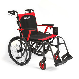Journey So Lite C2 08970 wheelchair with red trim, seen from the side with footrests attached.