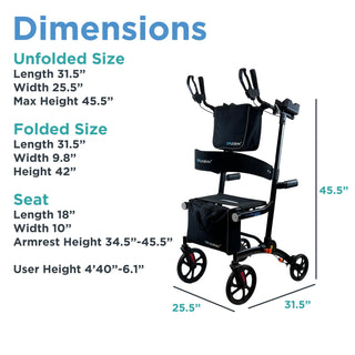 Measurement chart for the Journey UPWalker Premium Lite V2 showing unfolded, folded and seat dimensions alongside the user height range.