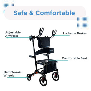 Journey UPWalker Premium Lite V2 with labelled features: adjustable armrests, lockable brakes, padded seat, multi-terrain wheels and storage bags.