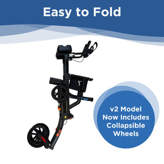 Journey UPWalker Premium Lite V2 folded upright with its wheels collapsed inward, labelled as an easy fold and a V2 feature.