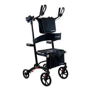 Journey UPWalker Premium Lite V2 upright walker in black, with padded forearm supports and a front storage bag.