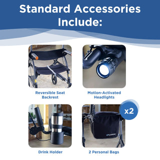 Accessories included with the Journey UPWalker Premium Lite V2: reversible seat backrest, motion-activated headlights, drink holder and two personal bags.