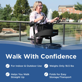 A woman walking with the Journey UPWalker Premium Lite V2 on a bridge, with callouts for indoor and outdoor use, frame weight, posture support and easy folding.