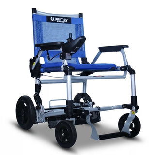 Journey Zoomer 09017 power chair in blue and silver, seen from the front with its joystick and mesh backrest.