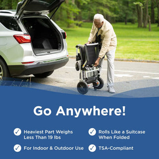 A person folding a Journey Zoomer 09017 power chair next to an open SUV trunk.