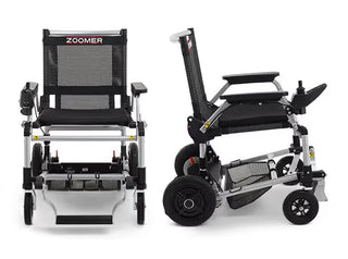 Front and side views of the Journey Zoomer 09017 showing the seat, footrest, frame and wheels.