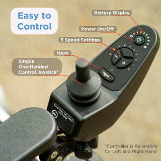 Close-up of the Journey Zoomer 09017 joystick controller, showing the battery display, power button, speed keys and horn.