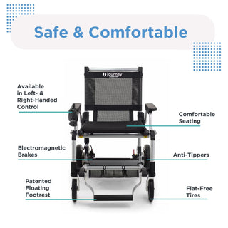 Labelled safety features on the Journey Zoomer 09017: joystick options, electromagnetic brakes, floating footrest, anti-tippers and flat-free tires.