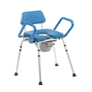 Journey 33320 SoftSecure Uplift Toilet Assist Commode with blue padded seat, armrests and removable grey bucket