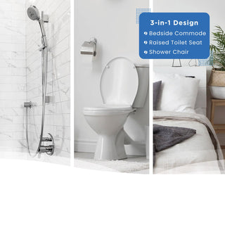 Journey 33320 SoftSecure Uplift Commode shown in its three uses: bedside, over the toilet and in the shower
