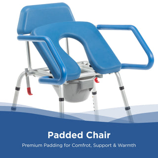 Padded seat and armrests of the Journey 33320 SoftSecure Uplift Commode beside a banner about premium padding
