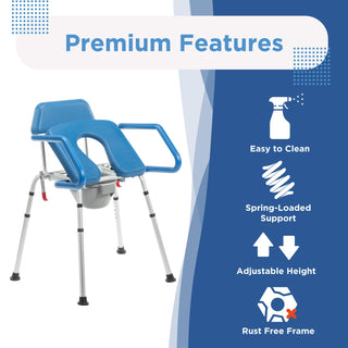 Icon graphic covering easy cleaning, spring-loaded support, height adjustment and rust-free frame on the Journey 33320 Uplift Commode