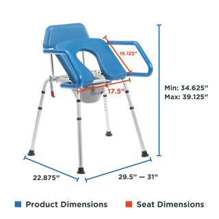 Measurement diagram for the Journey 33320 SoftSecure Uplift Commode showing seat size, overall footprint and height range