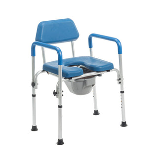 Journey 33321 SoftSecure 3-in-1 commode chair with blue padded seat, backrest, armrests and grey bucket