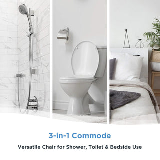 Journey 33321 SoftSecure commode chair shown in its three uses: shower, over the toilet and at the bedside