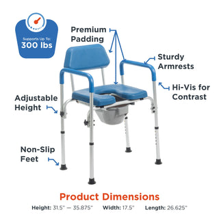 Feature callouts on the Journey 33321 SoftSecure commode chair covering padding, armrests, height adjustment and non-slip feet
