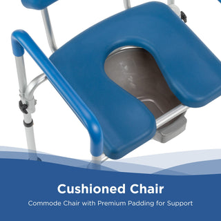 Close view of the open front seat, aluminium frame and removable bucket on the Journey 33321 SoftSecure commode chair
