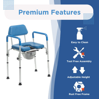 Graphic listing easy cleaning, tool-free assembly, adjustable height and rust-free frame on the Journey 33321 SoftSecure commode chair