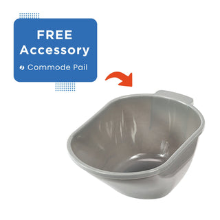 Grey commode pail supplied with the Journey 33321 SoftSecure commode chair, shown separately with a pointer