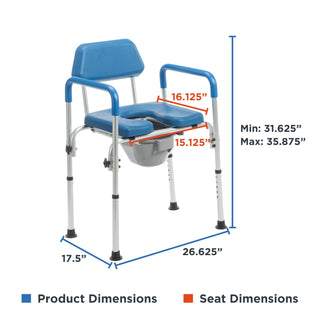 Measurement diagram for the Journey 33321 SoftSecure commode chair showing seat size, overall footprint and height range