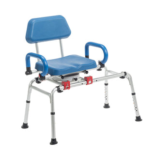 Journey 33322 SoftSecure rotating transfer bench with blue padded seat, backrest, armrests and adjustable metal frame