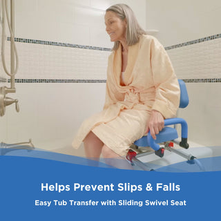 A woman seated on the swivel seat of the Journey 33322 SoftSecure transfer bench over a bathtub
